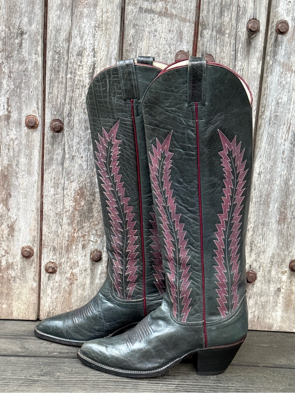 Vintage Larry Mahan Women's Knee High Cowboy Boots in Beautiful Dark Blue Green